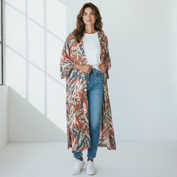 Loft Women’s Tangerine Floral Kimono Duster Long Sleeve Flowy Modal M/L - Picture 2 of 10